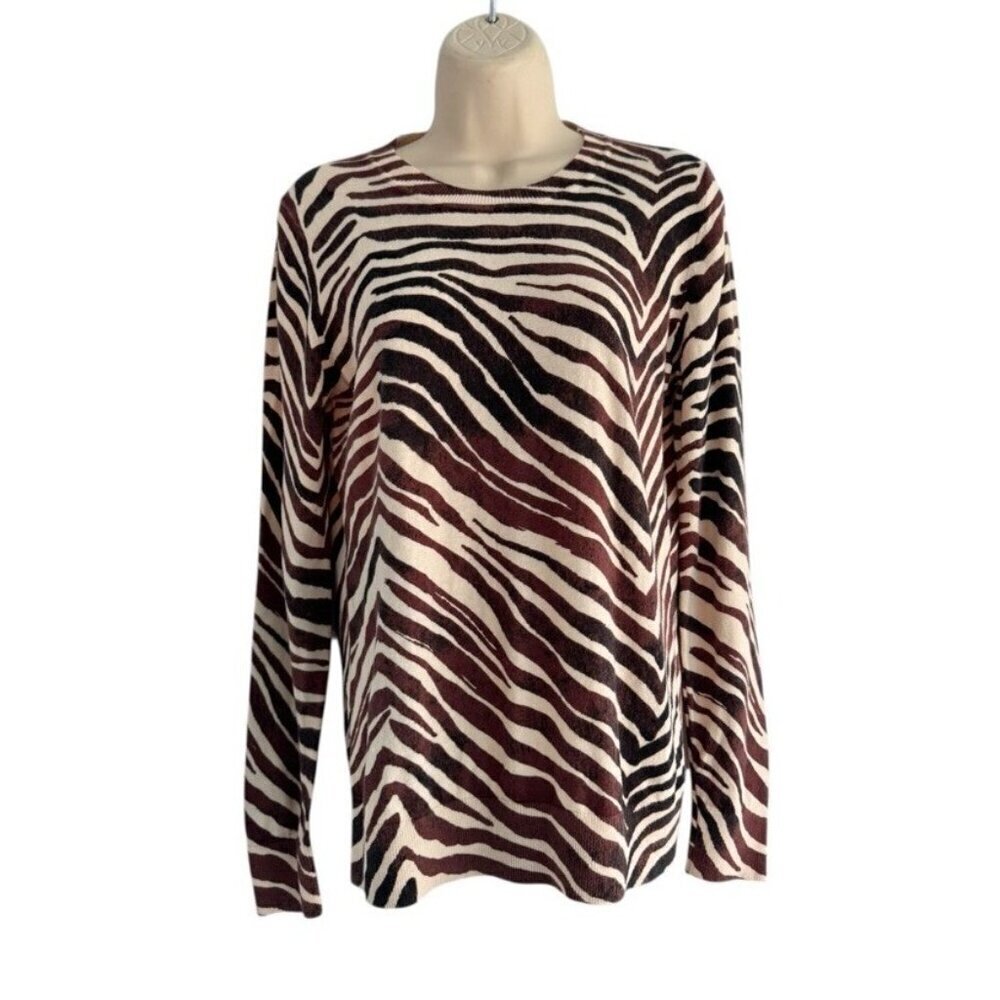 Banana Republic Women's Sz S Brown Ivory Zebra Print Crewneck Pullover Sweater